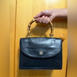 Elegant Black Handbag with Bamboo Handle